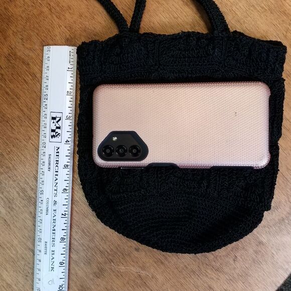 VINTAGE Crochet Purse Magnetic Snap Closure Lined Pocket Black Small 8" x 8" - Picture 5 of 7